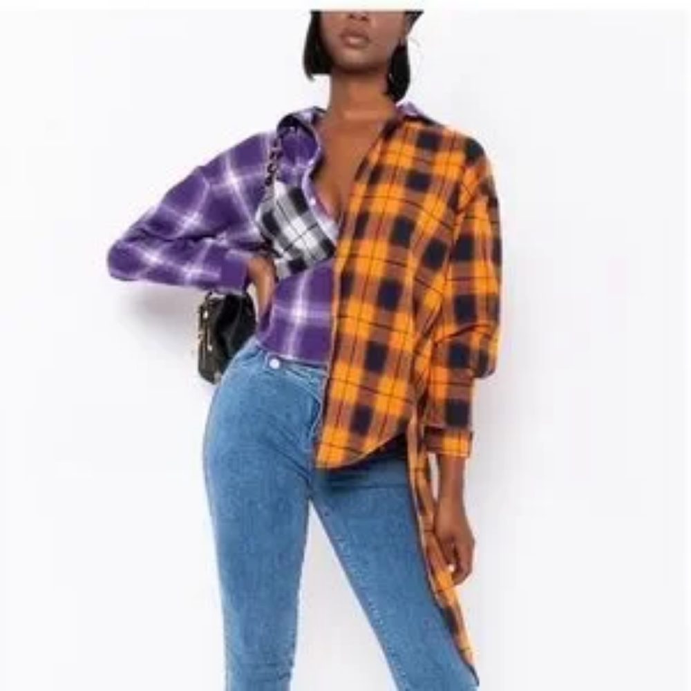 Akira  Shirt Purple and Orange Plaid Asymmetrical Shirt Long Sleeve Button Small
